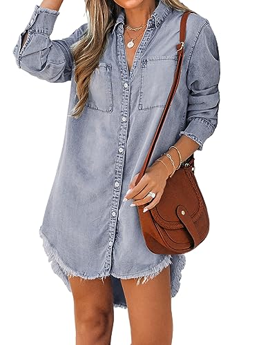 CUPSHE Womens Denim Shirt Dress Long Sleeve Button Down Casual Loose Jean Dresses with Pockets