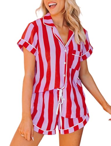 Image of NUFIWI Women 4th of July Outfits American Flag Short Sleeve Shirt Striped Shorts Lounge Set Two Piece Pajama Sleepwear
