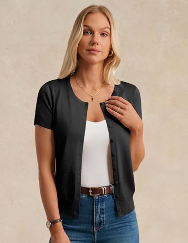Womens Short Sleeve Cardigan Crew Neck Basic Casual Button Down Knit Soft Sweater4