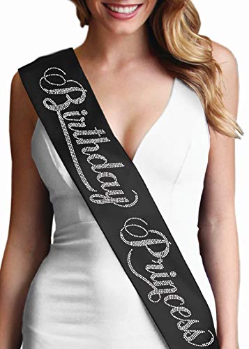 Birthday Princess Rhinestone Birthday Sash - Premium Grade Satin & Real Crystal Rhinestone Birthday Party Supplies & Decorations - Black Sash(BdyPrnc RS) Blk