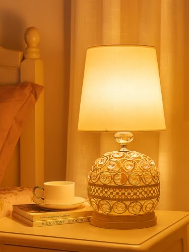 Image of Modern Crystal Table Lamp with White Fabric Shade | Small Contemporary Bedside Nightstand Lamp | Pink Base | Minimalist Desk Globe Light
