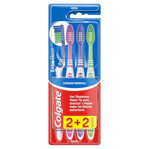 COLGATE Cepillo de dientes Extra Clean medio, limpia alcanzando hasta los dientes posteriores Pack 2+2, Multicolor (CP21509)