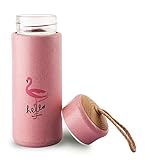 JAMMYLIZARD Botella de Agua Termica 300ml Divertida Reutilizable De Cristal con Exterior Novedoso Recubierto de Bambu, Flamenco Rosa