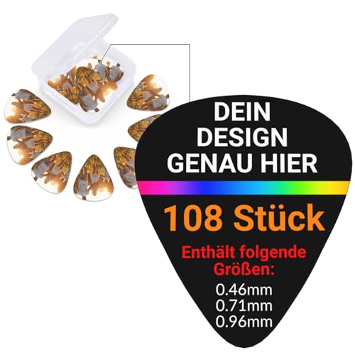 Personalisierte Foto Gitarren Plektren(108 Stück - Einseitiger Druck), Guitar Picks Selbst Gestalten, Druck Eigenes Logo/Bild/Wörter, Bass E-Gitarre Ukulele Plektrum, Mit lagerung box,0.46/0.71/0.96mm