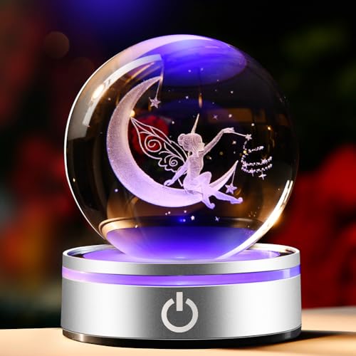 IFOLAINA 3D Moon Fairy Crystal Ball Gifts for Women Mum Birthday Charming Fairy Figurines Ornament for Home Decor Ideal Gifts for Girl Her Decorative Glass Moon Sphere