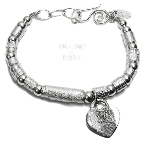 BabyRice Plata Huellas del encanto del corazón de adultos de hecho a mano pulsera de cuentas puños
