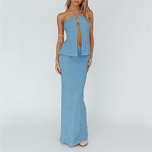 Women's Sexy Bodycon 2 Piece Outfits Y2k Backless Low Cut Crop Top High Waist Wrap Long Skirt Going Out Maxi Skirt Set3