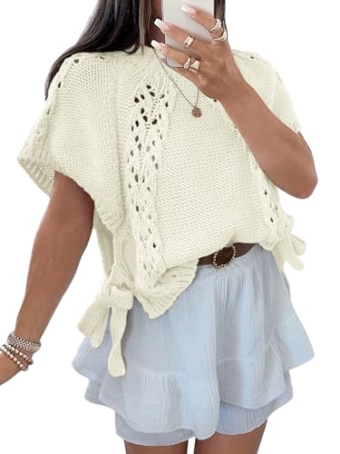 Saodimallsu Womens Summer Crochet Sweaters Batwing Cap Sleeve Cable Knit Crewneck Side Tie Casual Pullover Tops