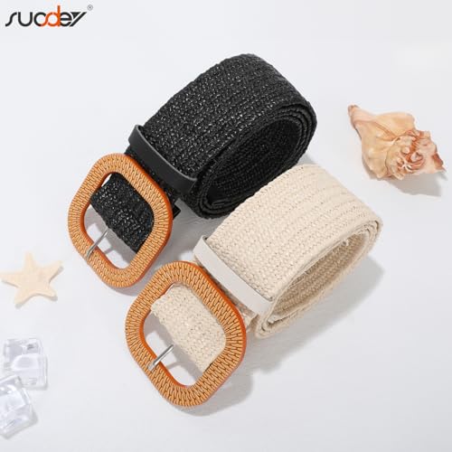 Image of SUOSDEY 2 Pack Straw Woven Elastic Belt Braided Stretch Wide Boho Rattan Waist Belt for Women Dresses, 07-black+beige, Fit Waist up to 35''