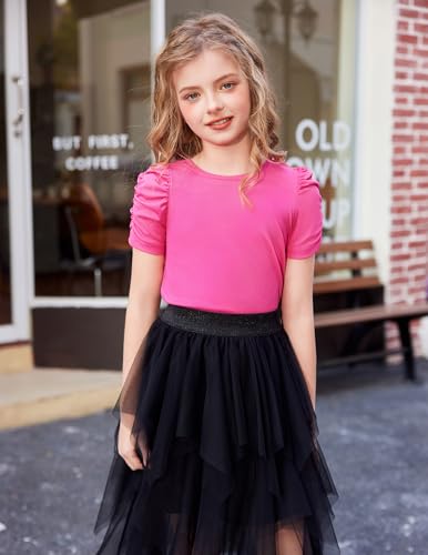 Image of Arshiner Girls Puff Short Sleeve Shirts Summer Ribbed Knit Crewneck T Shirt Tops Tee Blouse