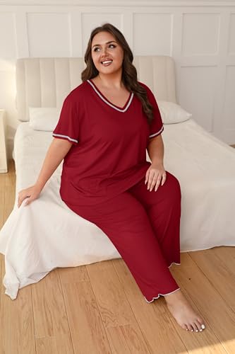 Image of Vozanet Women's Plus Size Pajama Sets Short Sleeve Long Pants Solid Color with Piping Trim Elegant Loungewear Cozy Sleepwear