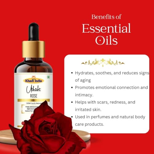 Image of Utkrisht Khadi Rose Essential Oil 15 ml | Pure & Natural Cold Pressed Oil | For Skin & Hair Care, Aromatherapy, Relaxation, Massage & Body Oil | Suitable for All Skin Types | For Men & Women