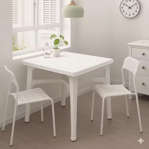 طاولة مطبخ مربعة الشكل من المفرج، مقاس 80 × 80 سم، لون ابيض، هيكل من البلاستيك، تصميم عصري للاستخدام الداخلي والخارجي