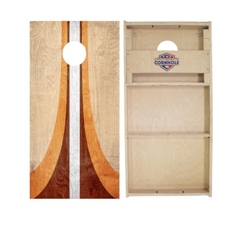 Retro Wood Curved Stripes Cornhole Boards - WSOC Runway Series - Includes (2) Boards (Resin Bags) + (2) Hole Lights & (2) Edge Lights