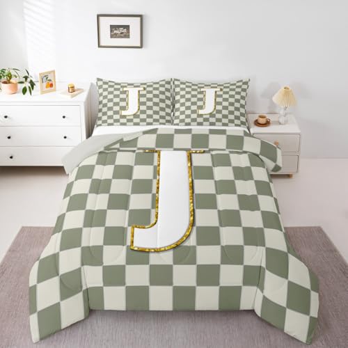 Image of Erosebridal Sage Green Checkered Kids Comforter Sets Plaid Initial J Full Bedding Set for Adults Personalized Monogram Comforter Set,Fashion Grids Gingham Quilt Duvet 3 Pcs