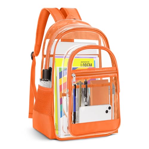 Clear Backpack, Heavy Duty PVC Transparent Backpack with Reinforced Straps, See Through Multiple Pockets Large Capacity Bookbag for Concert Work Security Travel Festival (Orange)