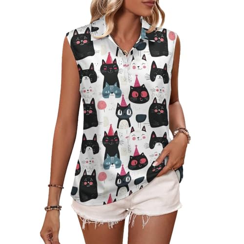 Camiseta de golf sin mangas para mujer, diseño de gatos coloridos, con cuello en V, camiseta de tenis, Estilo-13, S