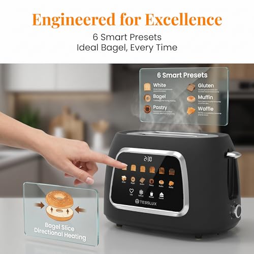 Image of Tesslux 2 Slice Toaster with Touch Screen Control, 1.5 inch Wide Long Slots, 6 Browning Levels & 6 Bread Types, Digital Timer, Memory, Defrost, Reheat (Black, 2 Slice)
