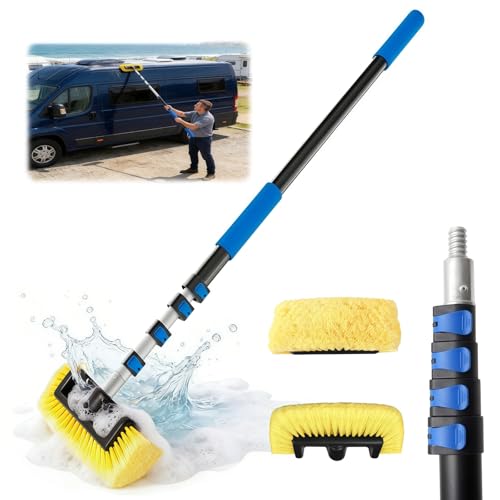Karveden 18FT Reach Car Wash Brush with Long Handle 3 to 12 FT Car Cleaning Brush with Soft Bristle Aluminium Telescoping Pole for Solar Panel House Siding SUV Cars Trucks RV Floors Navy