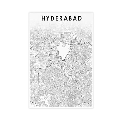 Carte de l'Inde d'Hyderabad poster sur toile pour habiller un mur de bureau vide