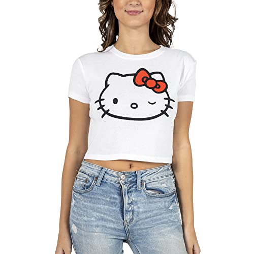 Hello Kitty Face Outline Crew Neck Short Sleeve Women's White Super Crop Baby Tee