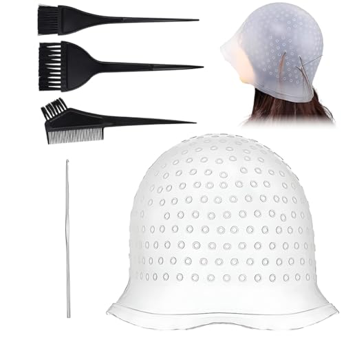 GILWUMO 1 Juego de Kit de Gorro de Tinte para el Cabello, Gorro de Tinte de Silicona con Agujeros para Mechas, con Pincel y Aguja, Adecuado para Mujeres y Niñas (Blanco)