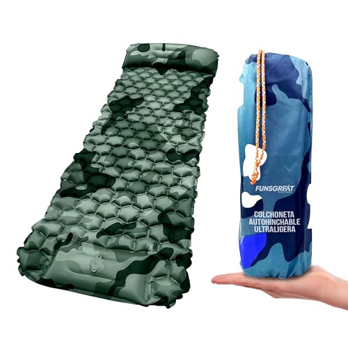 FUNSGREAT Colchon Hinchable con el Pie - Colchoneta Camping Ultraligera, Plegable, Impermeable - Colchon Inflable para Senderismo, Acampada y Tienda de Campaña – Esterilla Camuflaje