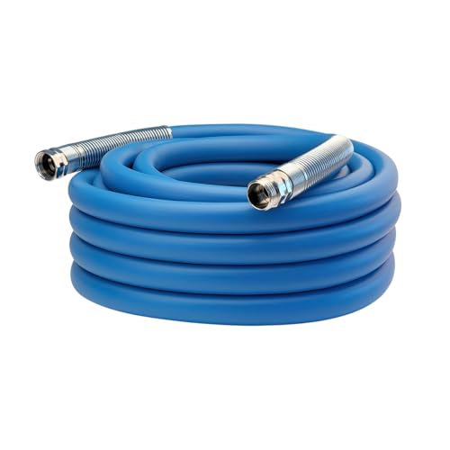 Image of Guitrees 2026 Upgraded Garden Hose 25FT x 3 /4 inch, Heavy Duty Rubber Water Hose with Five Layered Braiding, Swivel male and female Nickel-plated Brass Fittings, 1200PSI Burst, 300PSI Working (Blue)