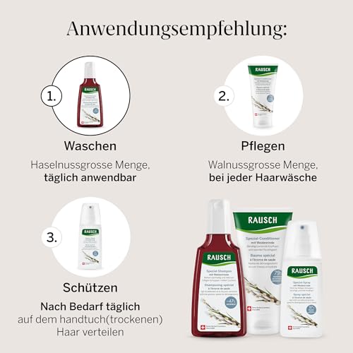 RAUSCH Spezial-Shampoo mit Weidenrinde 200 ml – milde Reinigung bei fettigen Schuppen & juckender Kopfhaut – vegan - ohne Silikone, hergestellt in der Schweiz mit Weidenrinden- & Thymian-Extrakt