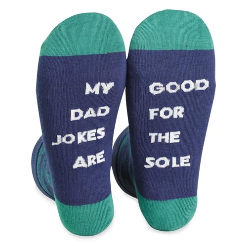 FunnyFeet Funny Dad Socks for Men, “Good for the Sole” Joke Dress Socks with Shoe Print Design, Navy and Green