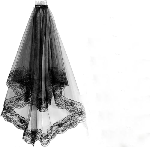 SHAPEPOTY Velo de novia con apliques de encaje, velo de novia corto en capas, velo de novia de tul suave con peine para mujeres, novias, negro