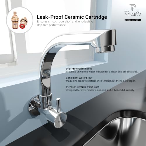 Image of Pixaflo Florent Brass Kitchen Sink Tap with Wall Flange | 360 Swivel C-Type Spout | Wall Mounted Kitchen Faucet | Foam Flow Aerator | Water Saving | Chrome Finish