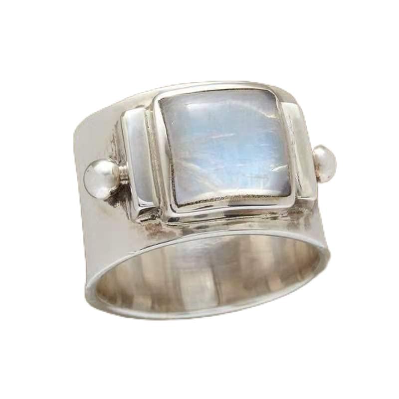 LIOYSIUT Moonstone Wide Band Ring Turquoise Solid 925 Sterling Silver Chunky Ring Vintage Silver Rings Natural Gem Moonstone Ring Lady Engagement Wedding Commemorative Ring Size 8