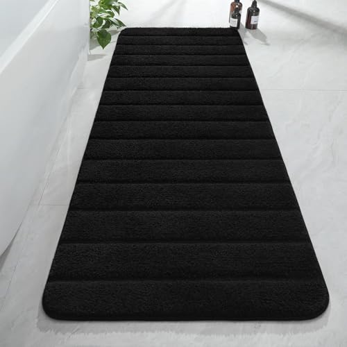 AROGAN Luxury Long Bathroom Runner Rugs Thick Soft and Absorbent Microfiber Non Slip Bath Mat Rubber Backing Striped Rug Carpets Machine Washable Plush Mats for Bathroom Floor 24x60 Inch Black