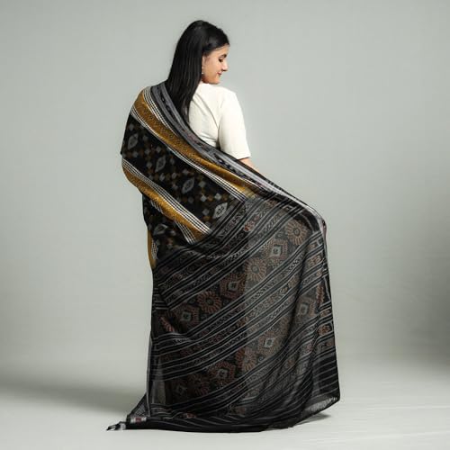 Image of Ikat Women's Pure Cotton Saree Traditional Craftsmanship Double Ikat Weaving Floral Handmade Ethnic Saree without Blouse Piece
