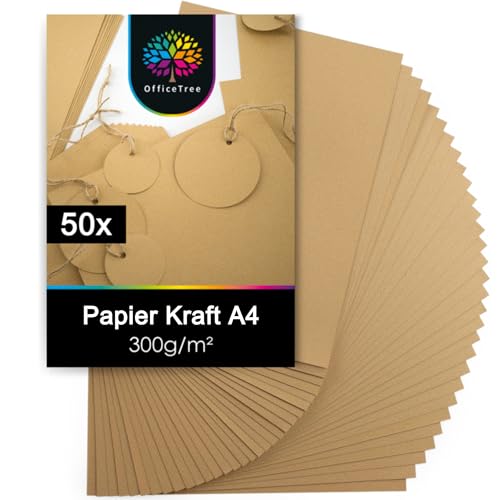 OfficeTree 50x Papier Kraft A4 300g - Papier Cartonné Marron pour Bricoler, Plier & Imprimer - Papier Craft A4 - Carton Kraft - Feuille Cartonné