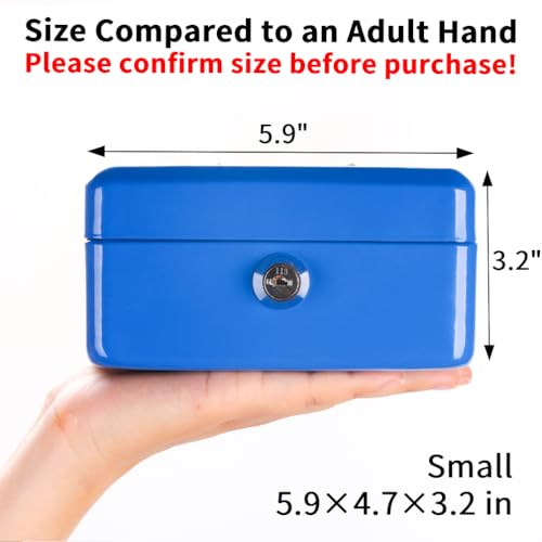 Image of Decaller Small Cash Box with Key Lock, Double Layer Metal Money Box for Home Security, Portable Locking Box, 5.9 inch x 4.7 inch x 3.2 inch, Blue