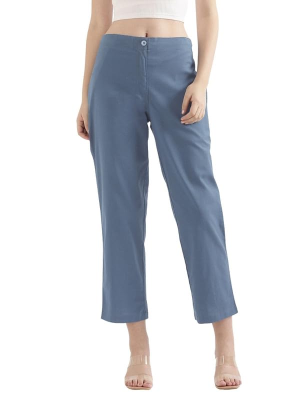 Image of SAADAA Women's Airy Linen Straight Pants | Regular Fit Trousers | Half Elasticated with Drawstrings & Buttons | 4 Pockets | Everyday & Office Wear