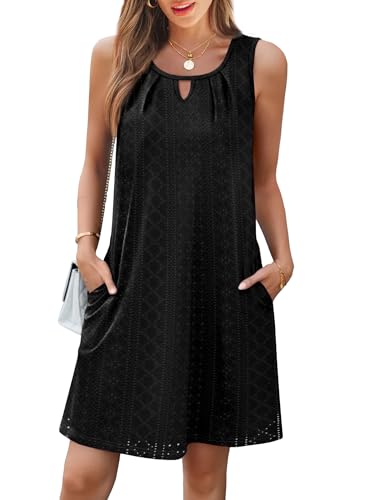 Image of RUMIA Swimsuit Coverup for Women Summer Sleeveless Beach Dress | Crew Neck, Pockets, Eyelet, Boho, Above knee Length, A-Line. Everyday wear, Sundresses, Cruise Wear, Vacation essential