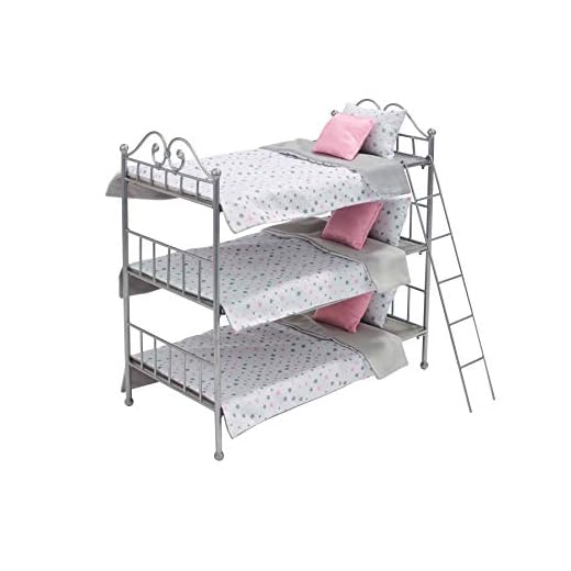 Badger Basket Metal Triple Doll Bunk Bed with Ladder and Bedding for 18 inch Dolls, Silver/Pink/White (60004)