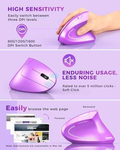 Lekvey Ergonomic Mouse, Wireless Vertical Mouse Rechargeable 2.4 GHz Optical Carpal Tunnel Mice : 800/1200 / 1600 DPI, 6 Buttons, for Laptop, PC, Computer, Desktop, Notebook etc, Purple