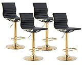 DM Furniture Bartools Bar Height Set of 4 Modern Faux Leather Counter Height Bar Stool Chairs with Back for Kitchen Island Breakfast Bar (Black with Gold Base, 4PK)