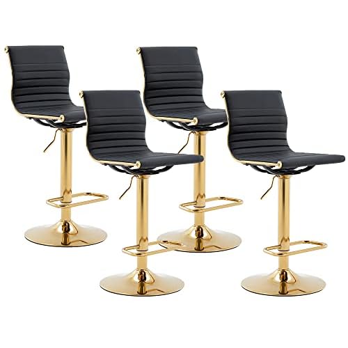 Bartools Bar Height Set of 4 Modern Faux Leather Counter Height Bar Stool Chairs with Back for Kitchen Island Breakfast Bar (Black with Gold Base, 4PK)
