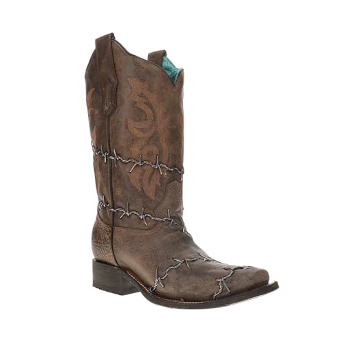 CORRAL LADIE'S BROWN BARBED WIRE WOVEN SQ. TOE RODEO COLLECTION, LEATHER SOLE, WESTERN A38152