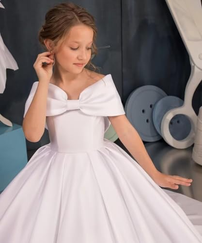 Off Shoulder Flower Girl Dresses for Wedding Satin Princess Pageant Dress First Communion Dress with Bow2