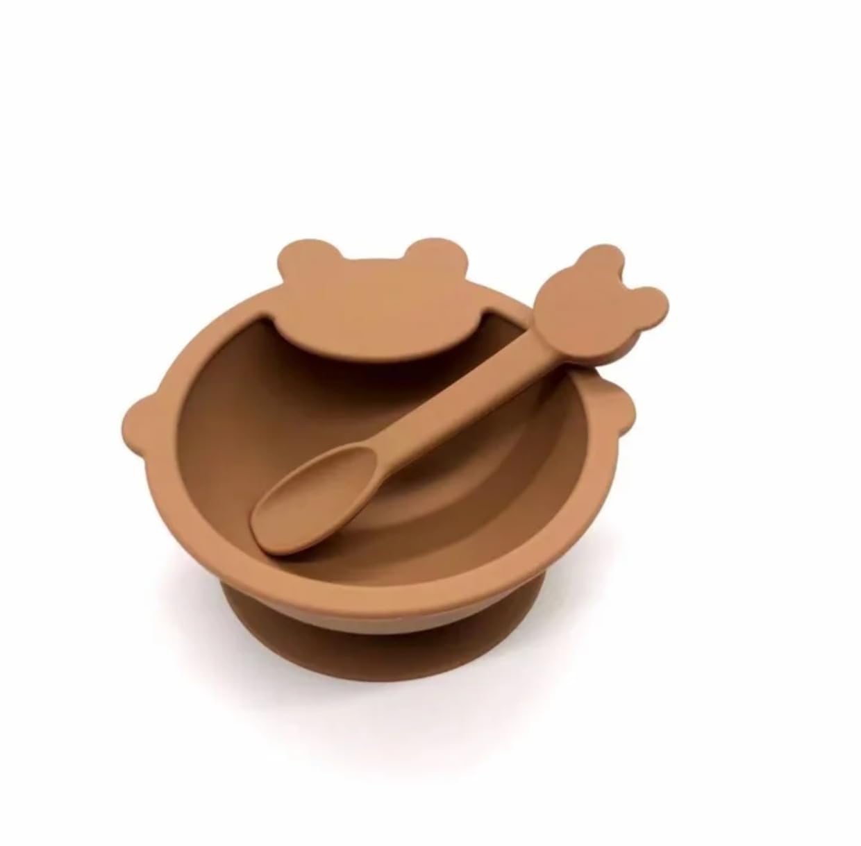 LUMINI Baby Bear Silicone Bowl & Spoon Set |Non Toxic |BPA-Free | Dishwasher Safe | Food Grade Silicone |Stain Proof |Microwave Safe, (Brown Color) - Pack of 1 Set