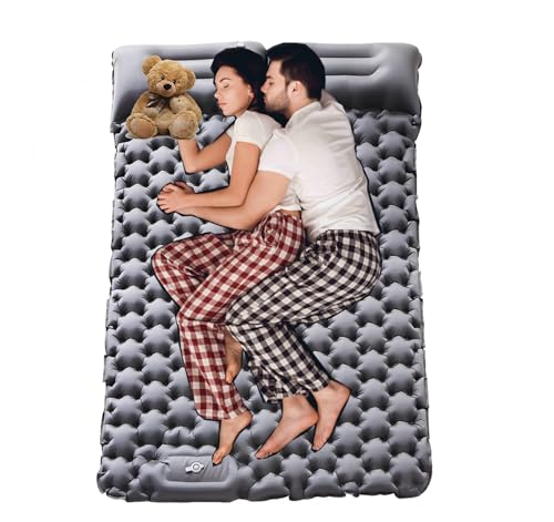 FEJAHUFZ Inflatable Double Camping Mat with Pillow, Build-in Foot Pump Ultralight Sleeping Air Matress Pad for 2 Person, Portable Bed Compact for Camping Hiking Backpacking Outdoor (Grey, Double)