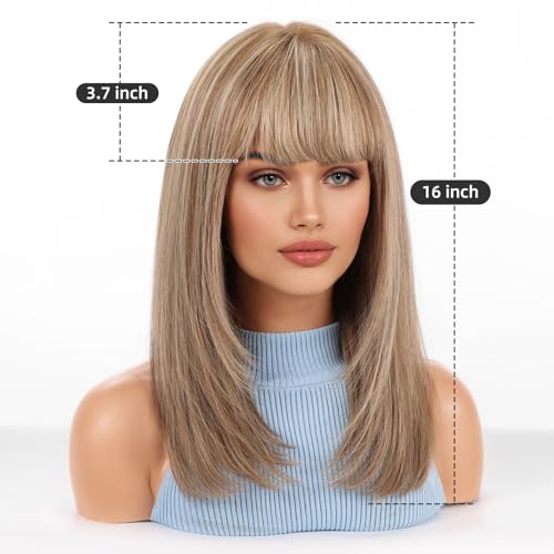 Image of KKU 16 Inch Human Hair Wig,Human Hair Wigs,Human Hair Wig With Bangs, Lady Wigs Human Hair, Real Hair Wigs For Women