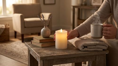 Image of Mikasa LED Wax Pillar Candle 3 x 4 Inch White Flameless Candle with Dancing Flame Effect - Battery Operated with 5-Hour Timer for Home Decor and Table Ambiance