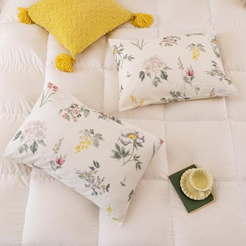 Image of ECOCOTT Floral Pillowcases King Size Set of 2, 100% Washed Cotton Pillow Cases with Envelope Closure, Vintage Botanical Flower Printed Pillow Covers